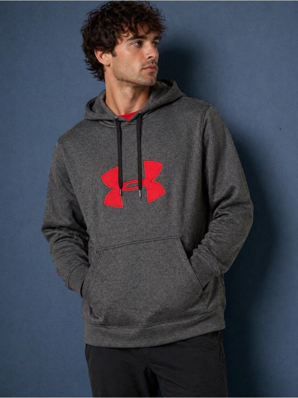 Under Armour Gray Hoodie Red Logo Mens Large Pullover Athleisure
